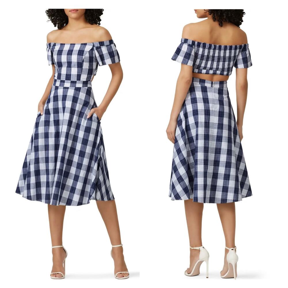 Adelyn Rae Daisy Dress Size Medium Gingham Off Shoulder Open Back Blue White - Picture 1 of 15